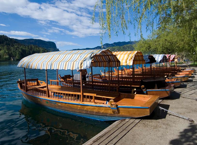 Tour Boats at dock on Lake Bled, Slovenia