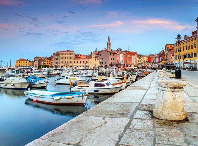 Colourful Boats and Buildings at Harbour in Rovinj, Croatia