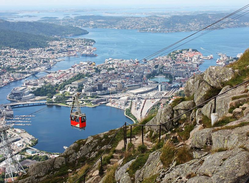 Cable car ascending Mount Fløyen with panoramic view of Bergen and fjords