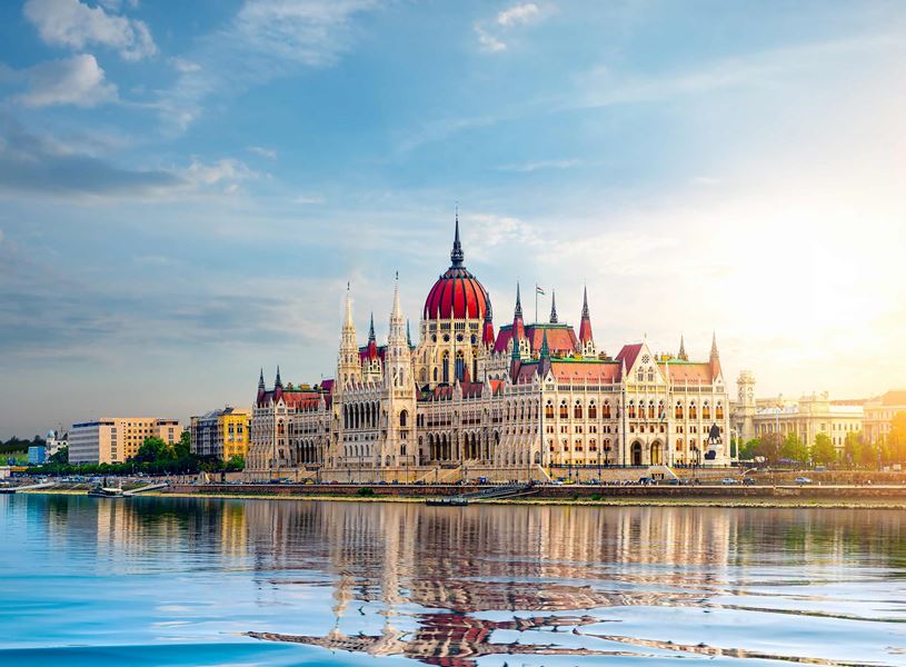 Hungarian Parliament Building reflected in Danube River in Budapest