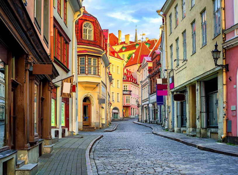 Tallinn Old Town street with colourful medieval buildings in Estonia
