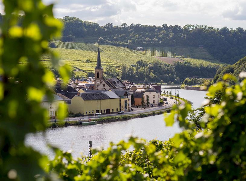 Scenic Rhine River town with church steeple and vineyard-covered hills