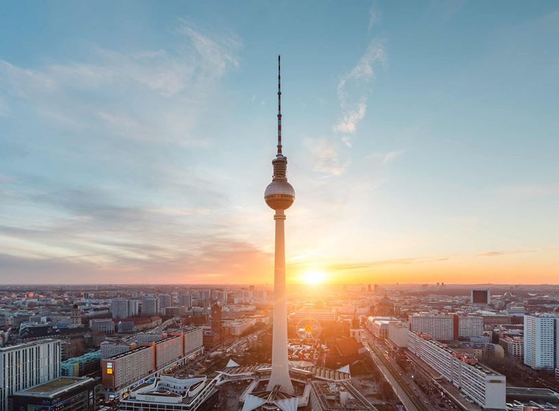 Berlin TV Tower and cityscape view at sunset in Germany