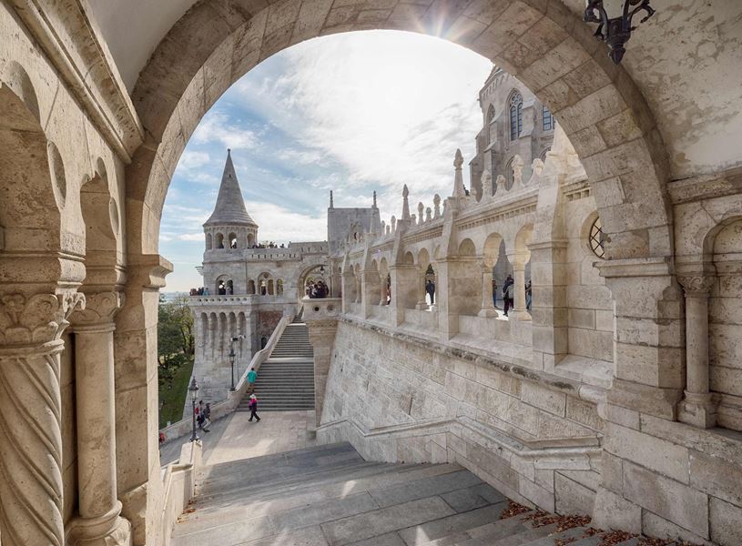 Fisherman’s Bastion with turrets, arches and stone staircase in Budapest