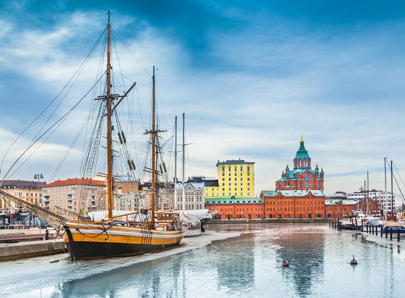 Historic ship docked near Uspenski Cathedral in Helsinki harbour