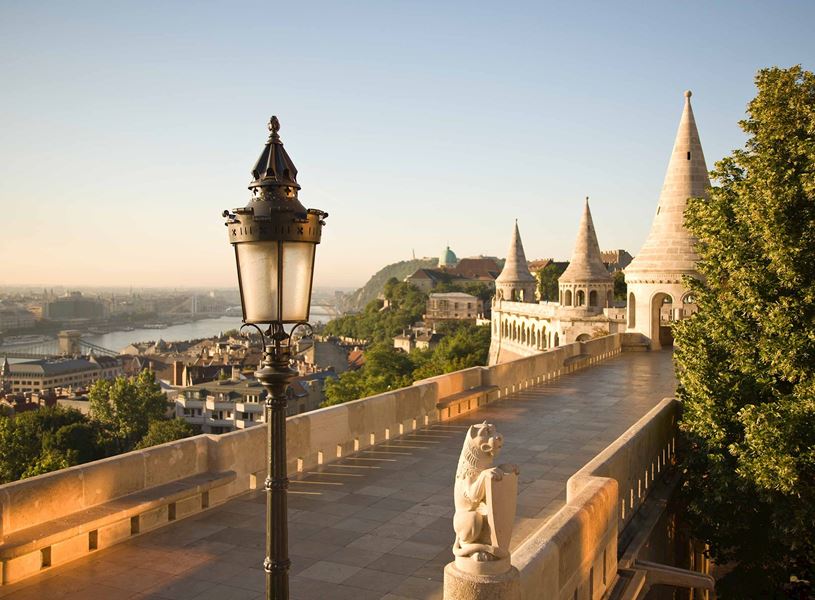 Stone terrace at Fisherman’s Bastion with towers, lion and Danube River view