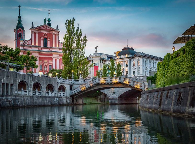 Tromostovje Bridge and Ljubljanica River in Ljubljana, Slovenia