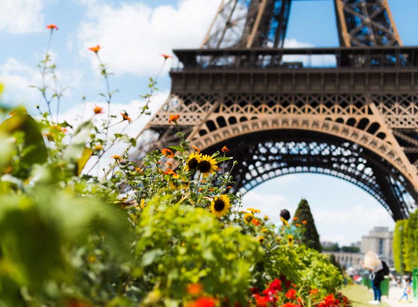 A close-up of the bottom of the Eiffel Tower