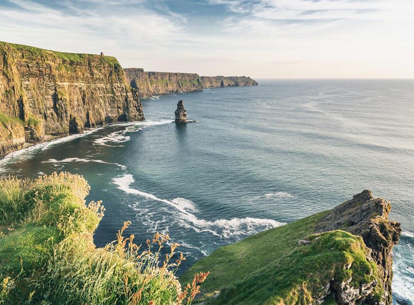 Cliffs of Moher with sea stack, wildflowers and Atlantic Ocean view