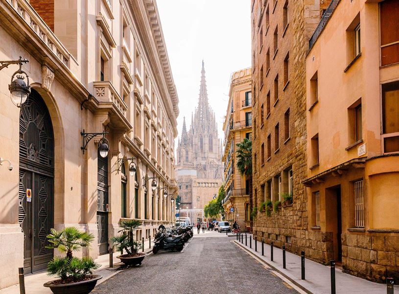 Street and Cathedral in Barcelona, Spain