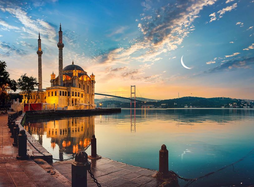 Mosque and Bosphorus Bridge in Istanbul, Turkey