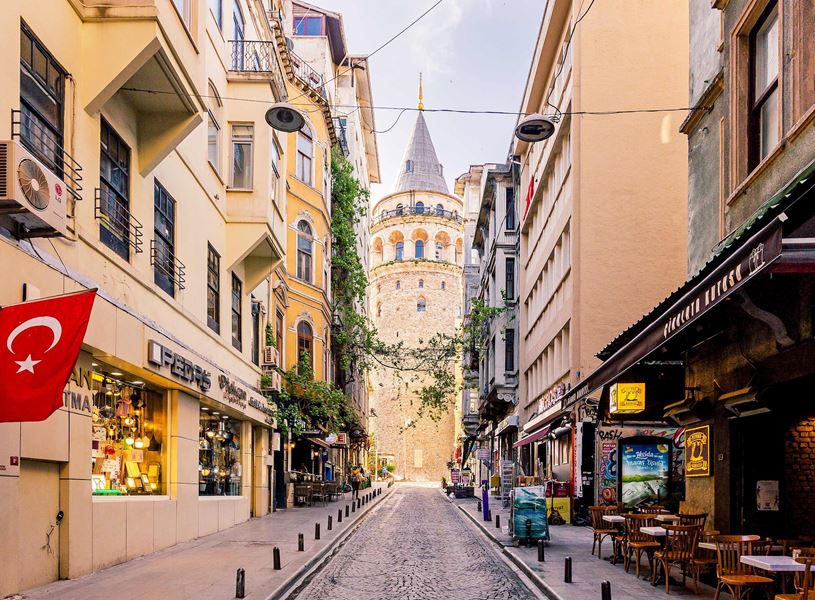 Street and Galata Tower in Istanbul, Turkey