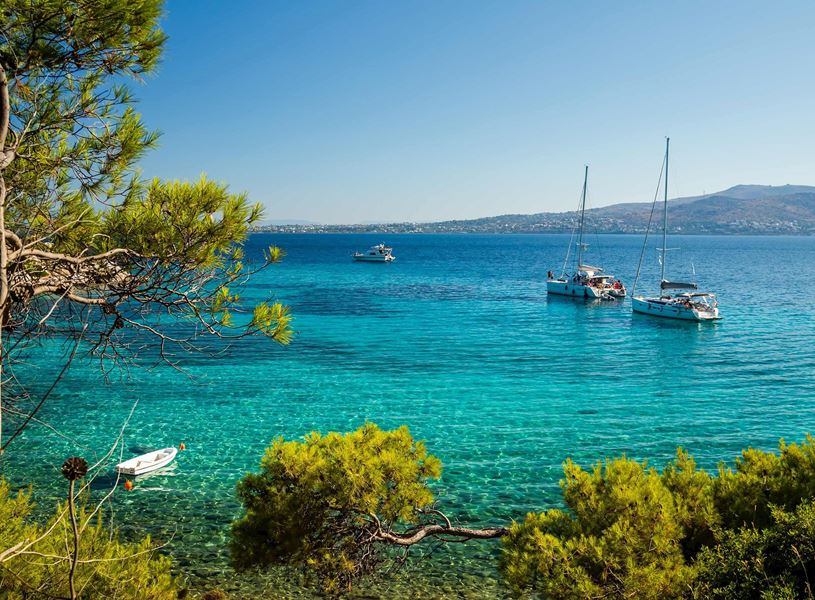 Yacht in ocean, Moni Beach, Greece