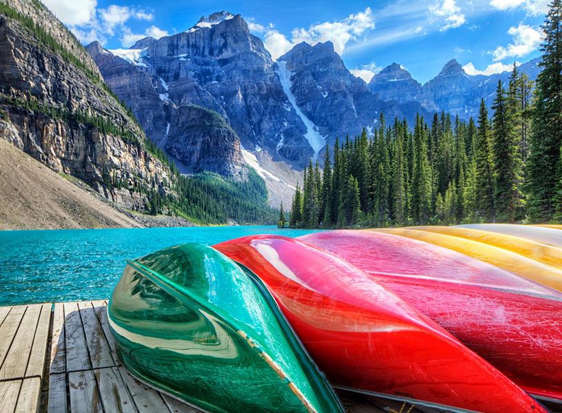 Canoes on Moraine Lake in Banff, Canada