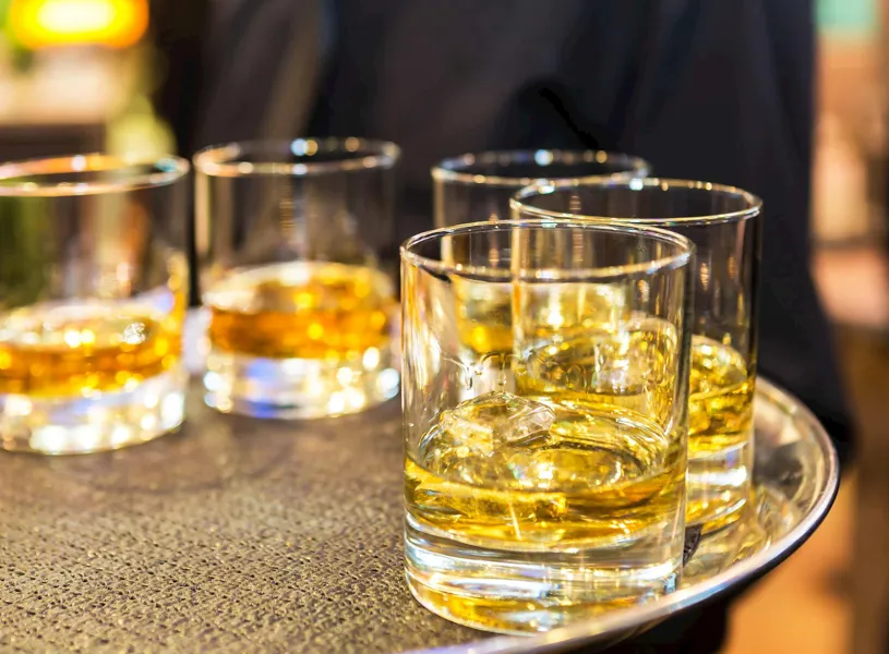 Whiskey glasses on a tray in Nashville, Tennessee, USA