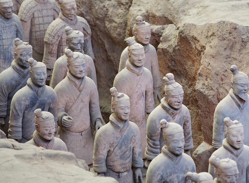 Rows of nearly full height Terracotta Army warriors, Xi’an, China