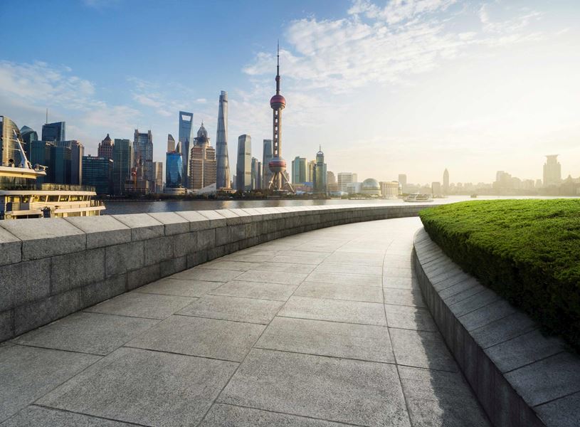 View of The Bund and Lujiazui cityscape from the river bank, Shanghai, China