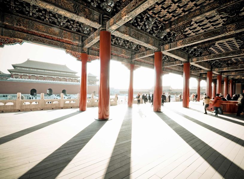 Sunset casting long shadows on Imperial Palace terrace, Forbidden City, Beijing