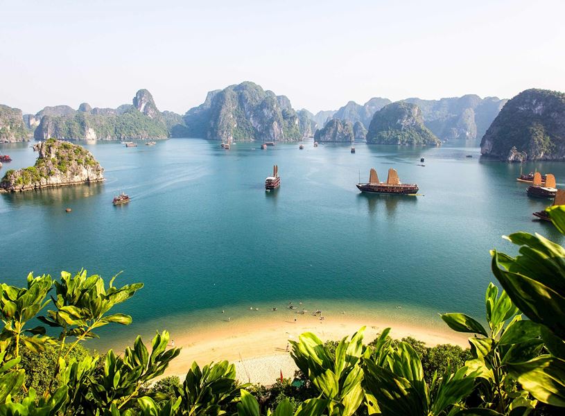 Boats and Beach in Halong Bay, Vietnam
