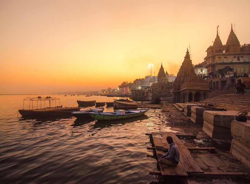 Evening view of Ganges River banks at sunset, Varanasi, India