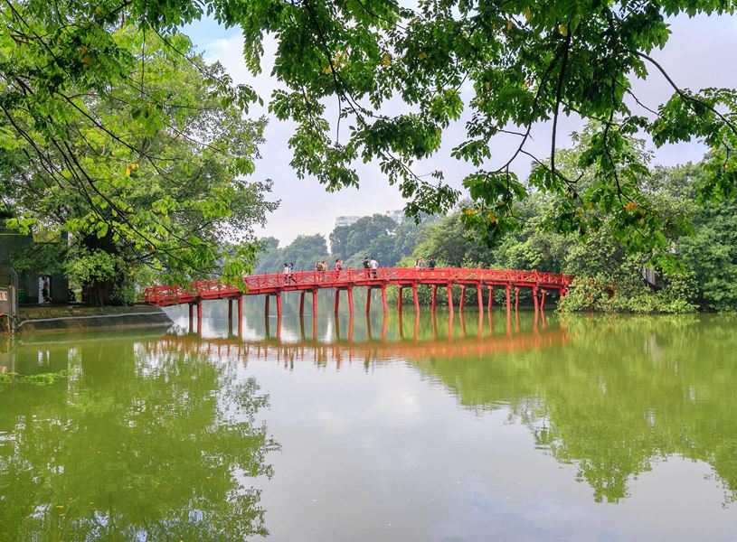 Red Sunbeam Huc Bridge in Hanoi, Vietnam