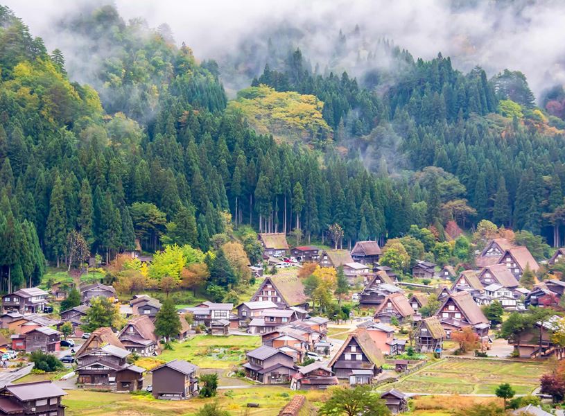 Aerial view over Shirakawago village in the morning, Japan 