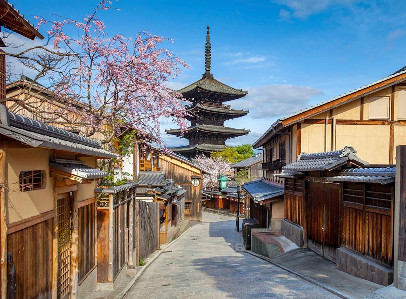 Overview of a sunny street with blossoming trees leading to Yasaka Tower in Kyoto, Japan