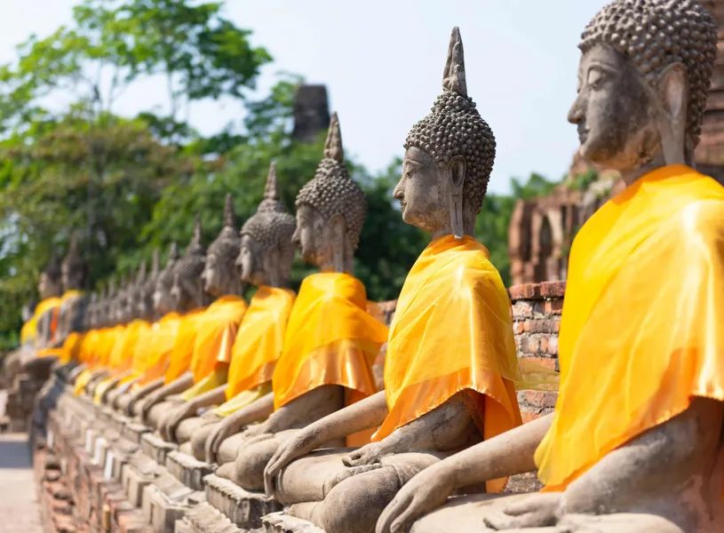 Row of Buddha statues draped in yellow robes outdoors, Ayutthaya, Thailand