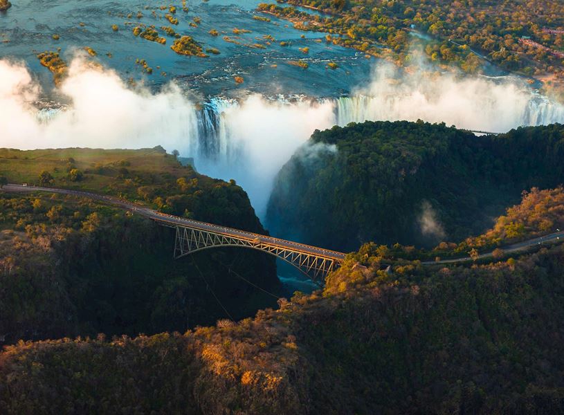 Aerial view of bridge over Victoria Falls, Zimbabwe