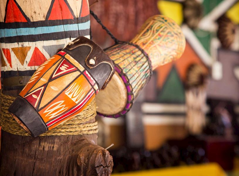 Close up of traditional African drums, South Africa
