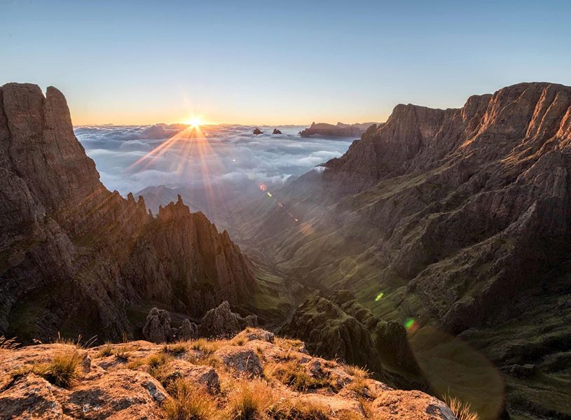 Sunrise view over clouds and Drakensberg Mountains, South Africa