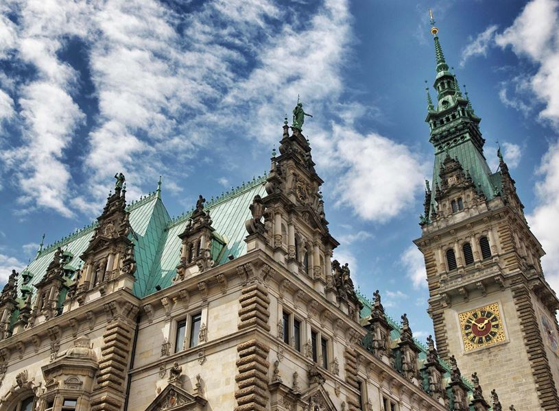 Hamburg City Hall with Neo-Renaissance architecture and clock tower