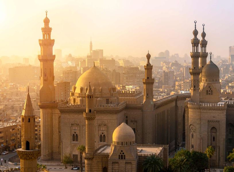 Aerial view of the Mosques of Sultan Hassan and Al-Rifai in Cairo, Egypt