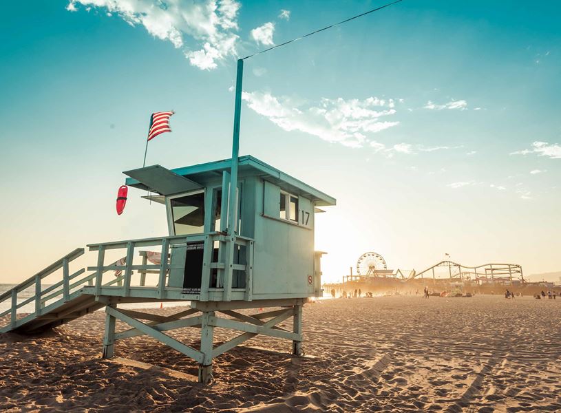 Lifeguard cabin on beach in Los Angeles, USA