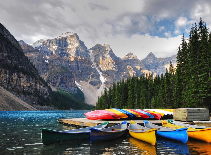 Canoes on Moraine Lake in Banff, Canada