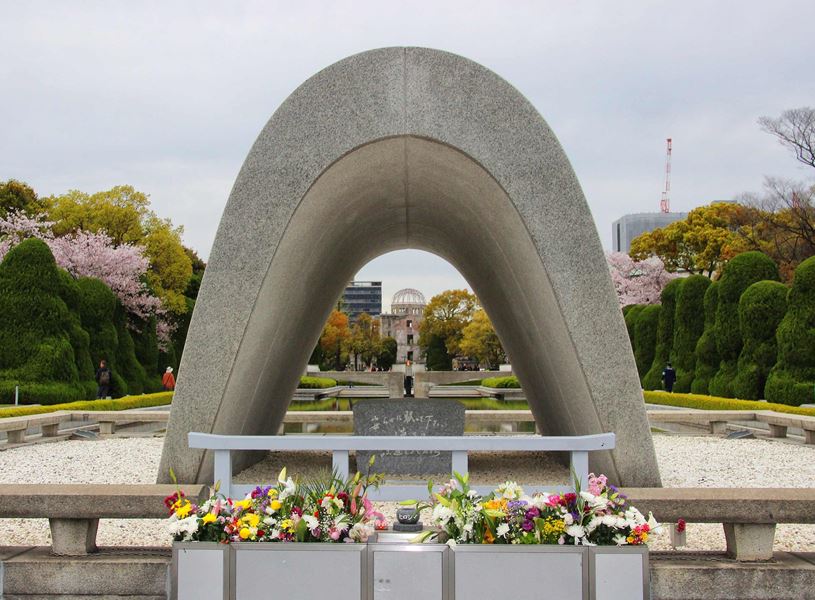 Tribute flowers at Hiroshima Peace Memorial Cenotaph, Japan