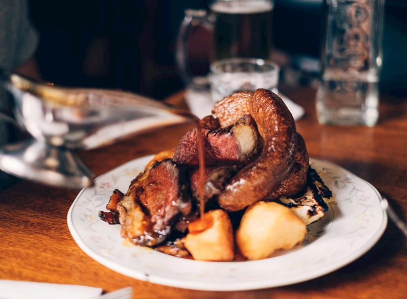 Traditional roast dinner on a plate in York, England
