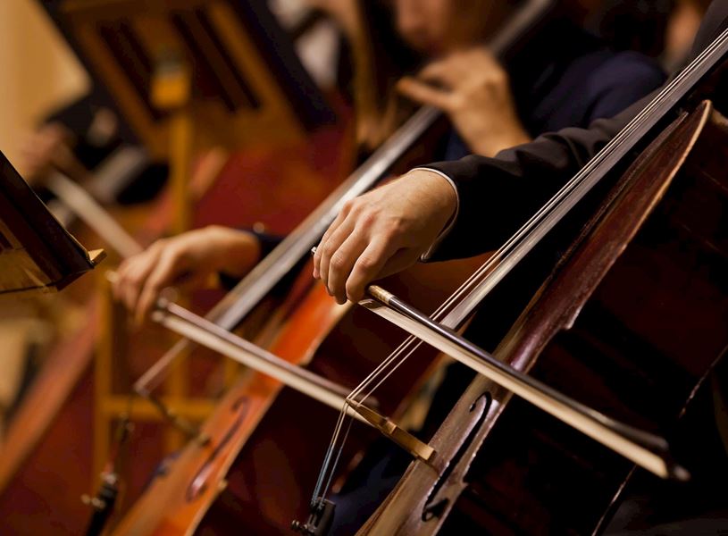 Musicians playing cellos with bows in Vienna, Austria