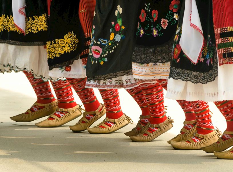 Traditional costumes worn during a dance performance in Sofia, Bulgaria