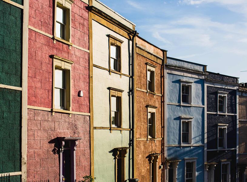 Colourful row of townhouse facades in Bristol, England