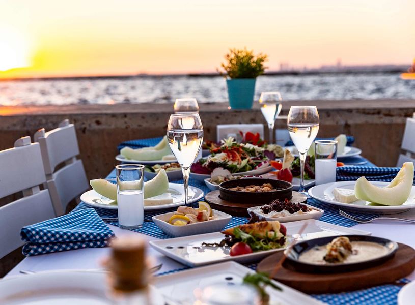 Seafood dinner with drinks in Izmir, Turkey