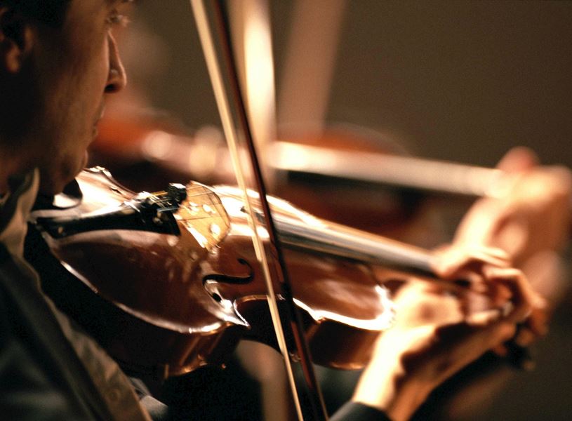 Violinist performing with bow in focus in Vienna, Austria