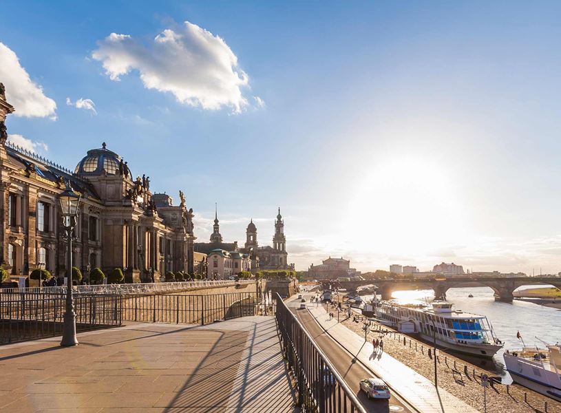 Dresden skyline with Elbe River, boats and historic buildings