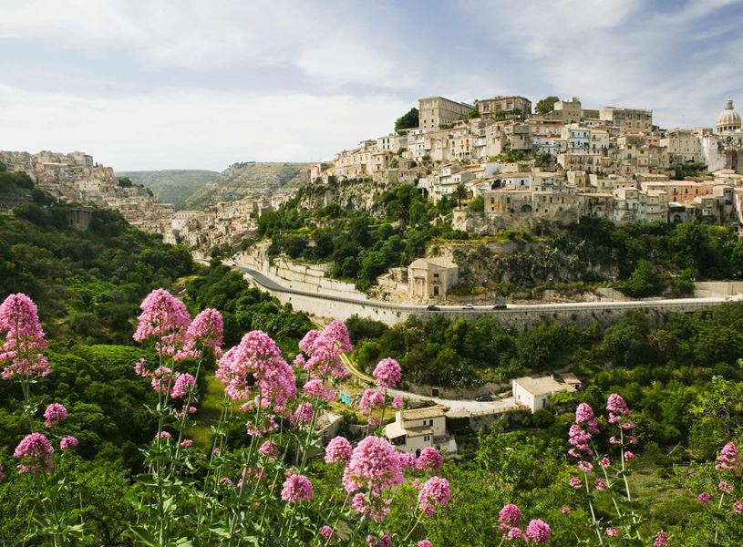 Panoramic view of Ragusa Ibla in Sicily with pink wildflowers and hillside houses