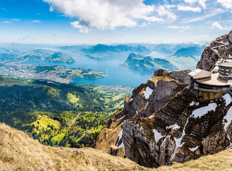 Mount Pilatus summit with viewing platform overlooking Lake Lucerne, Switzerland