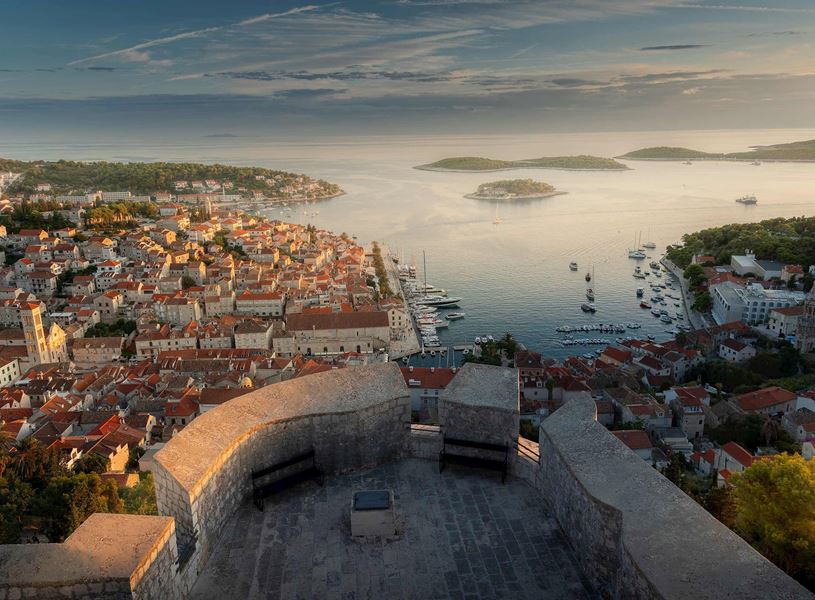 View from fortress over Hvar town, harbour and Adriatic islands, Croatia