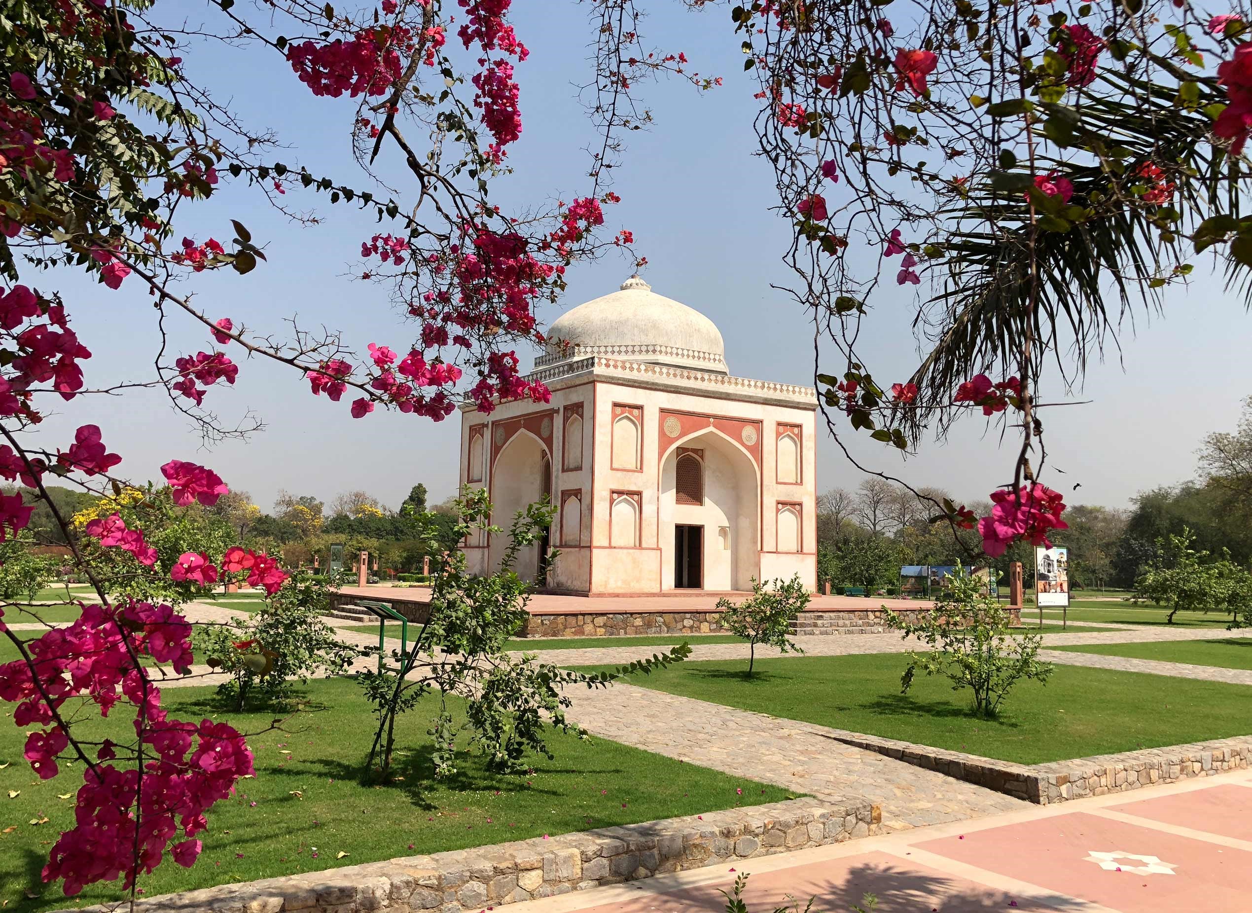 Exterior view of Sunder Nursery framed by blossoming branches, Delhi, India