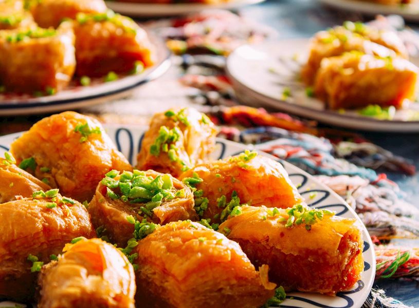 Baklava slices on plates in Sarajevo in Sarajevo, Bosnia and Herzegovina