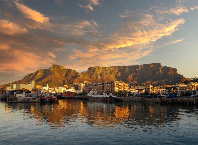 Sunset over bay with Table Mountain, Cape Town, South Africa