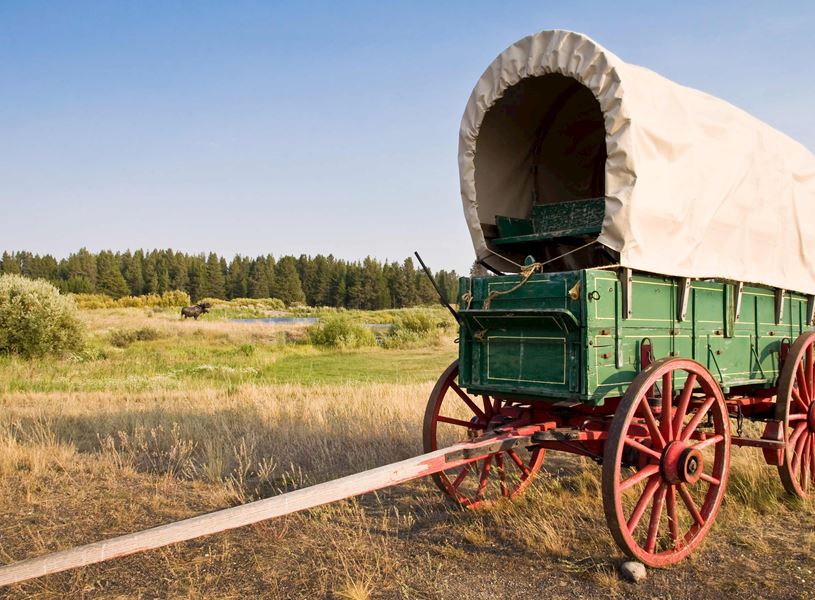 Travel by a horse drawn covered wagon to Cache Creek Canyon for a Cookout and Show, USA 